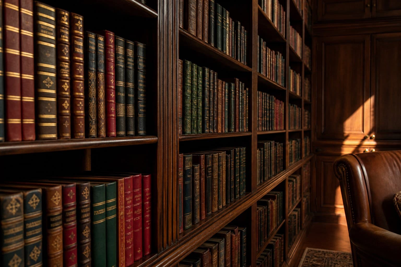 Floor-to-ceiling wooden library shelves packed with leather-bound books receding down a corridor.