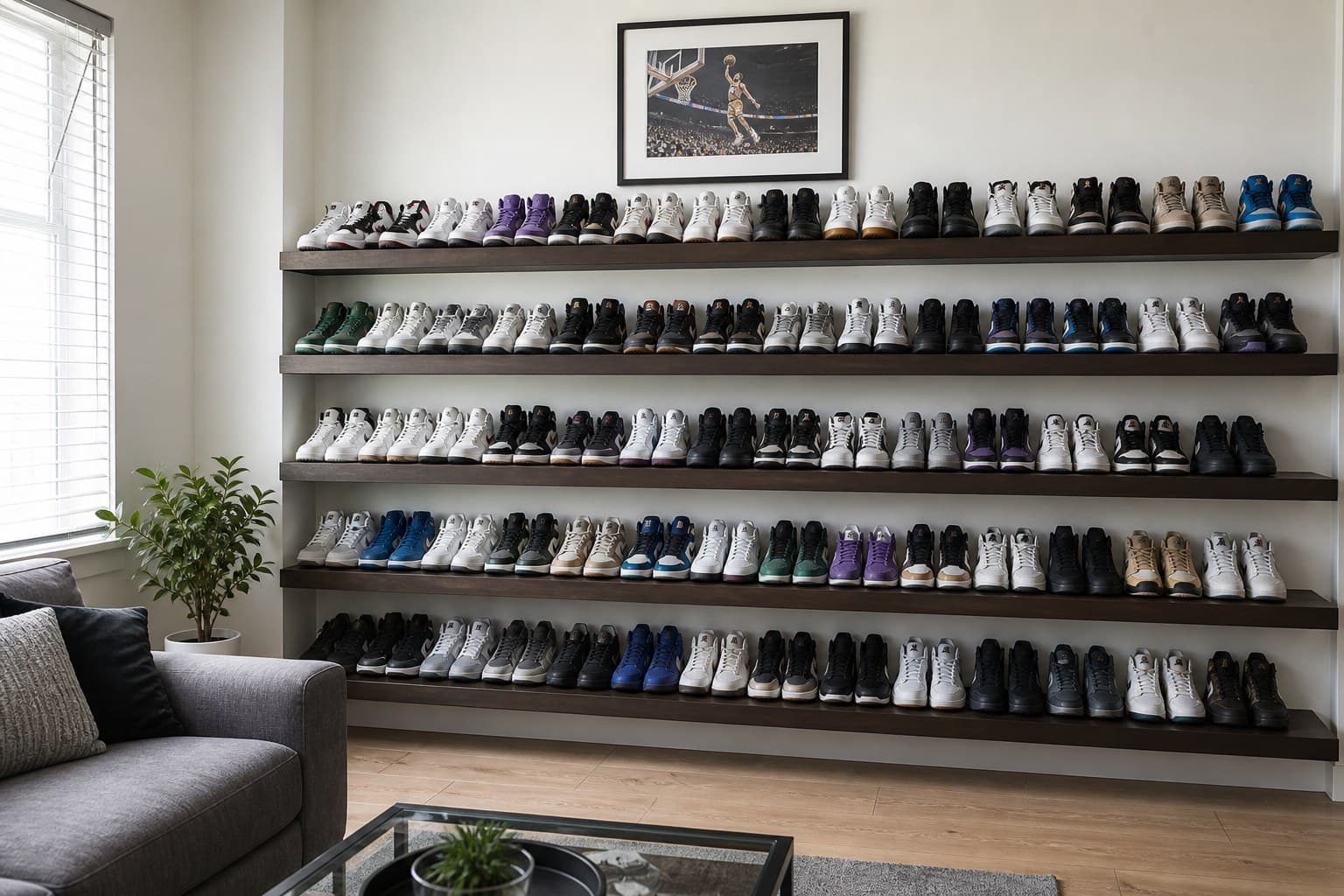Five dark-wood floating shelves packed with sneakers on a white wall, lit from a window.