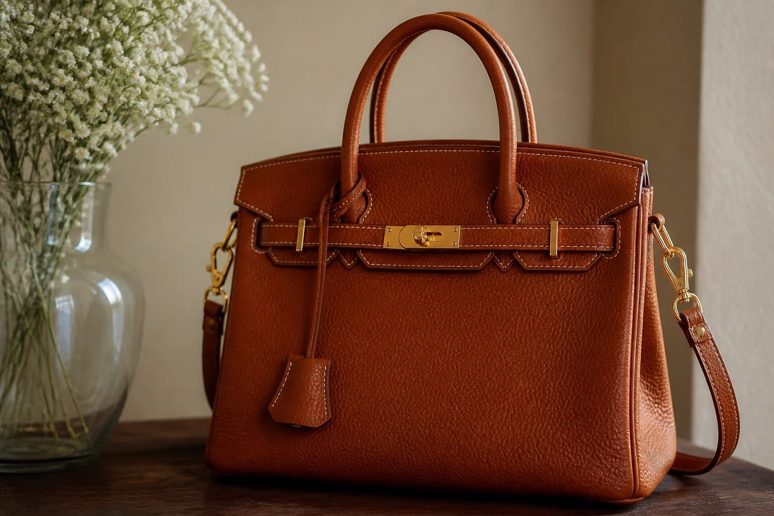 A cognac pebble-grain leather handbag with gold hardware, photographed close enough to read the leather grain and clasp.