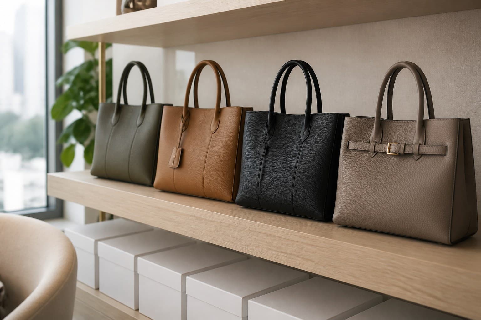 Four structured leather totes lined up on a light oak shelf, with a row of white boxes below and a window beyond.