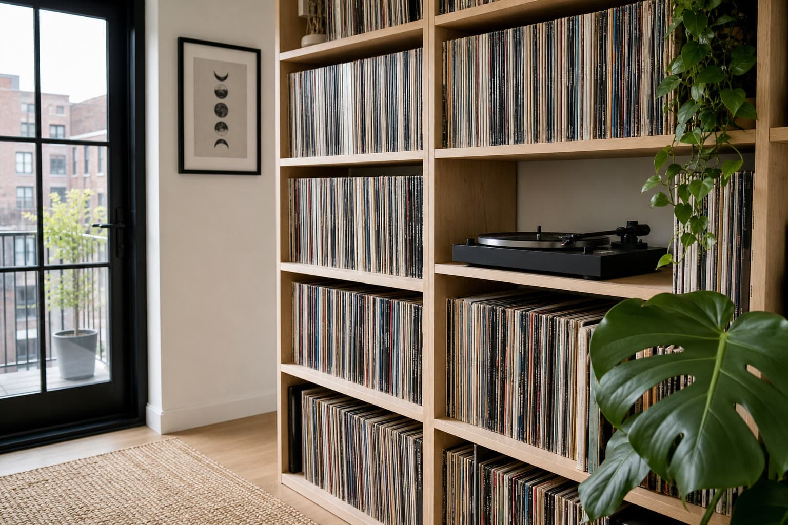A light wooden bookshelf of vinyl records with a turntable and houseplants in a bright apartment.