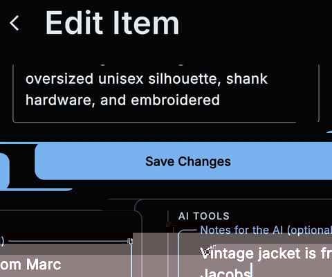 Edit Item on a phone in dark mode, with Notes for the AI under AI tools.