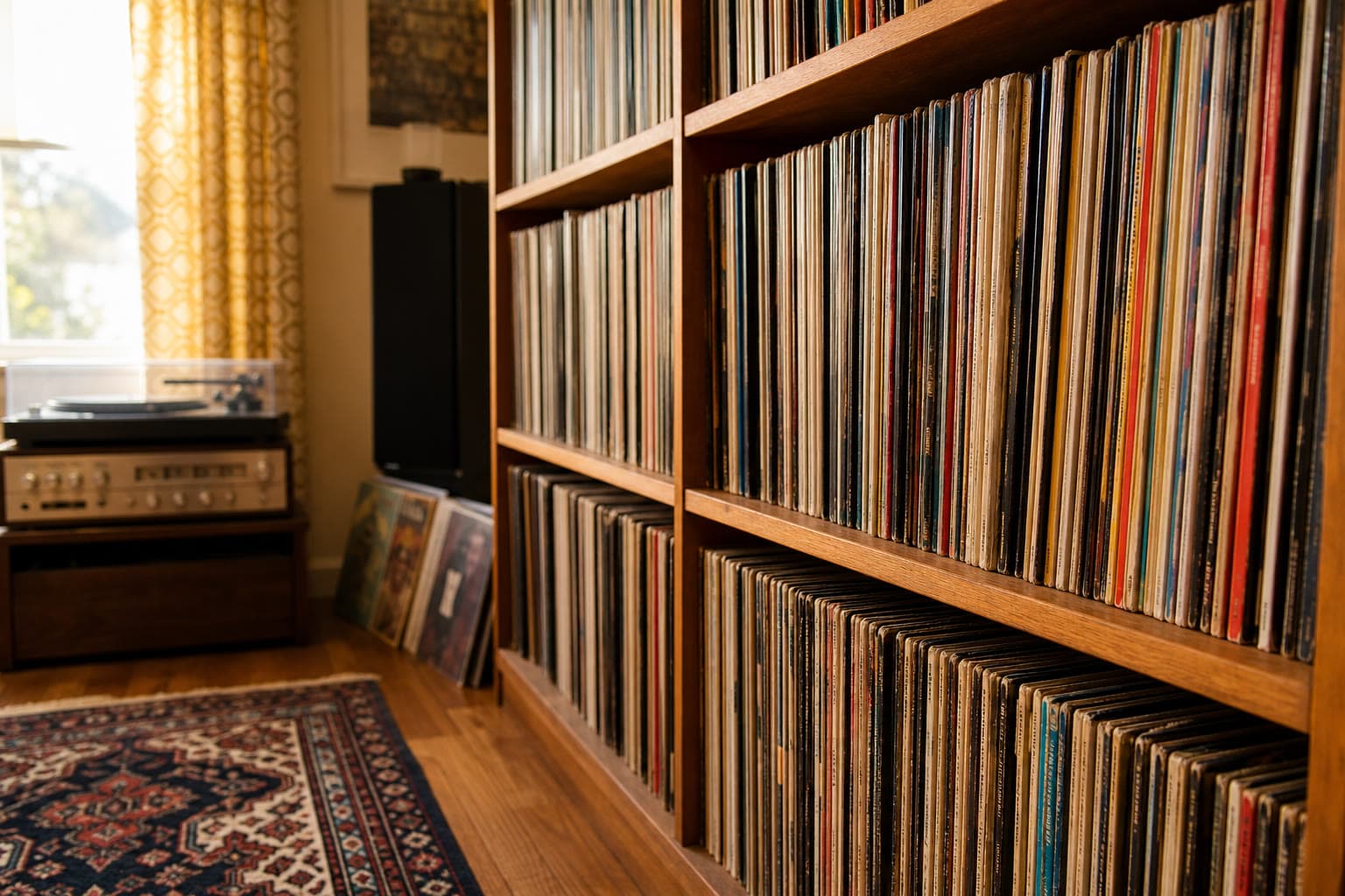 A wooden shelf packed with vinyl records in a sunlit room, with a turntable nearby.
