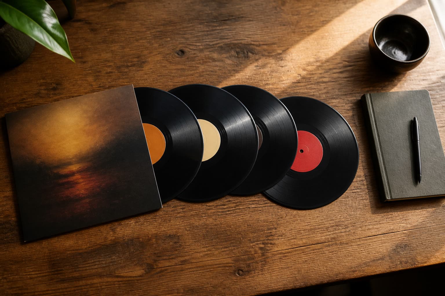Vinyl records fanned across a wooden table next to a closed notebook, ready to be listed.