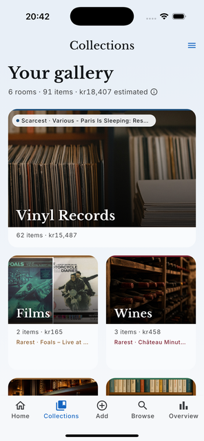 The samla.ai collection gallery, showing records, films and wines